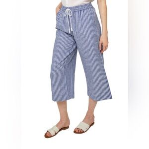 Vertical Blue & White Striped Wide Leg Linen Draw String Pants